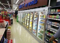 Cámara fría de la exhibición de la bebida fresca del supermercado, paseo comercial en sitio del congelador